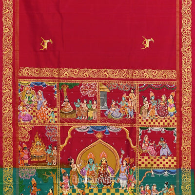 Red with Sea Green Ramayana Theme Hand-Painted Pattachitra Saree