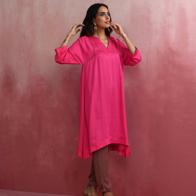 trueBrowns Pink Modal Kimono Kurta Co-ord Set
