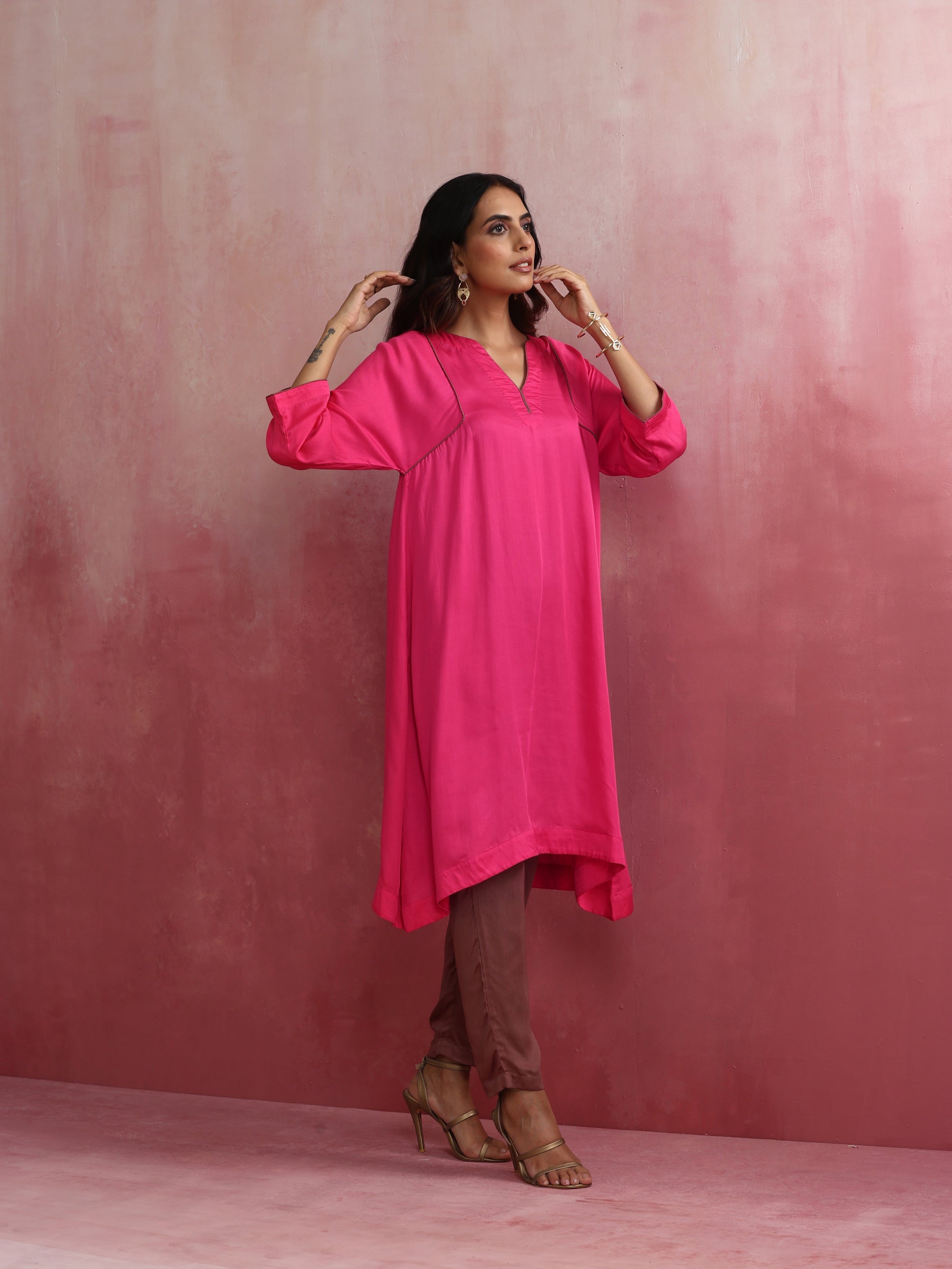 trueBrowns Pink Modal Kimono Kurta Co-ord Set
