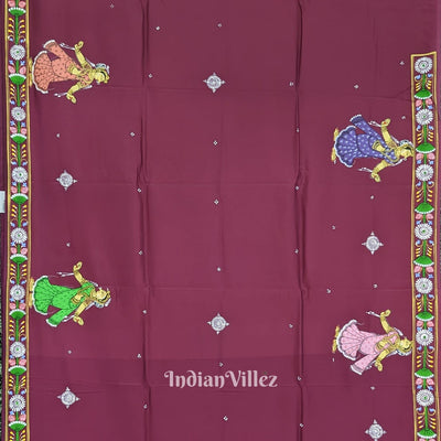 Magenta Ramayan Theme Hand-Painted Pattachitra Saree