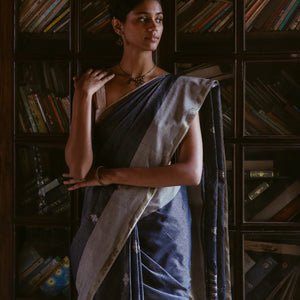 Dark Grey Handloom Bengal Cotton Tissue saree With Zari stripes and Floral (Phool) Buttis