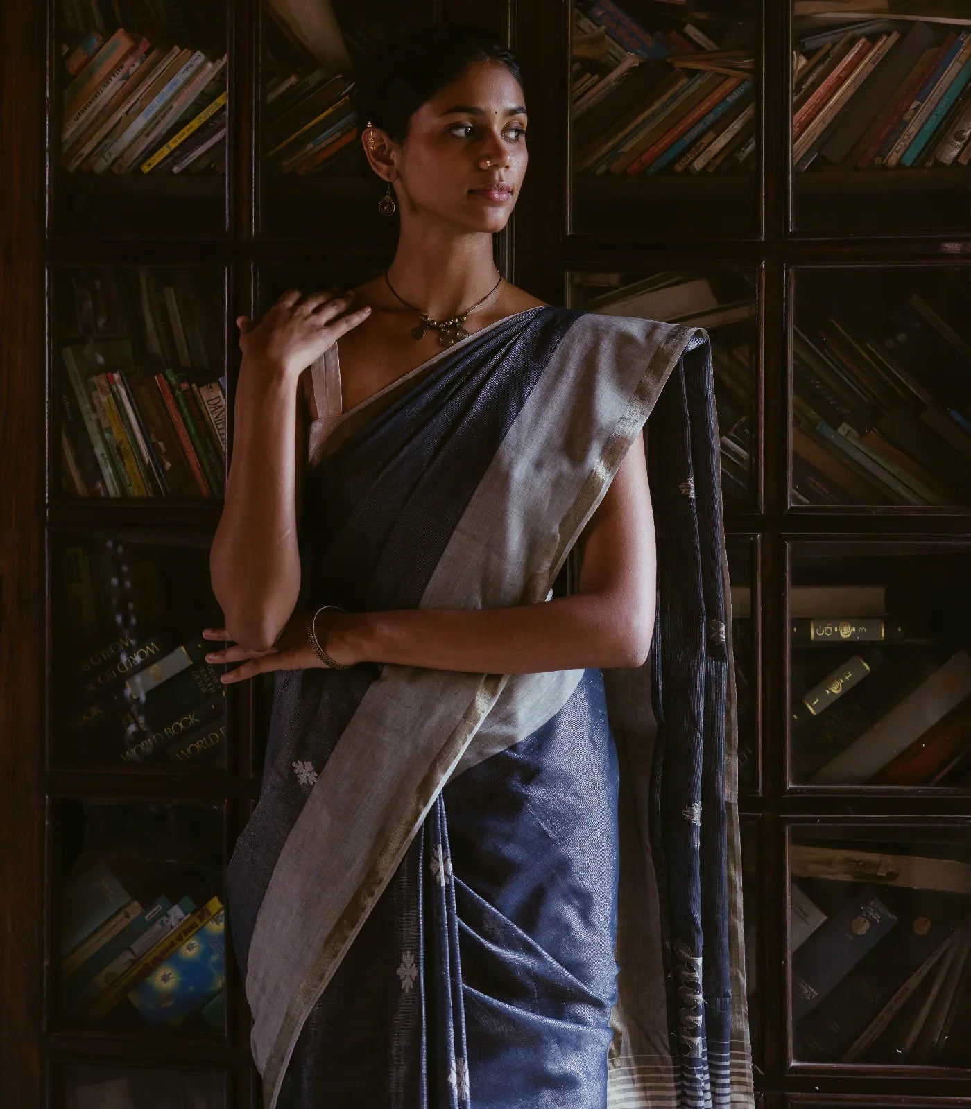 Dark Grey Handloom Bengal Cotton Tissue saree With Zari stripes and Floral (Phool) Buttis