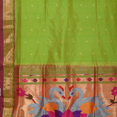Exclusive Parrot Green Pink Butti Paithani Silk Saree