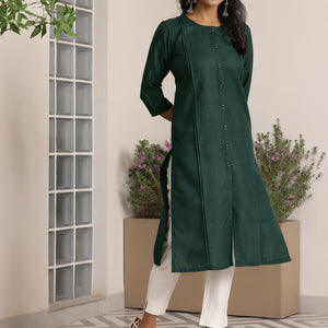 Green Solid Silk Straight Kurta