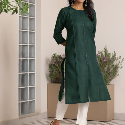 Green Solid Silk Straight Kurta