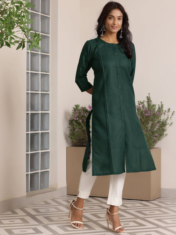 Green Solid Silk Straight Kurta