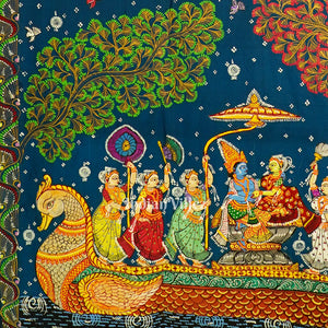 Teal And Red Krishna Radha With Boita Theme Hand-Painted Pattachitra Saree