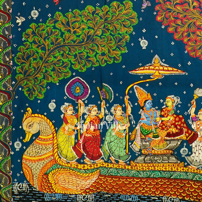 Teal And Red Krishna Radha With Boita Theme Hand-Painted Pattachitra Saree