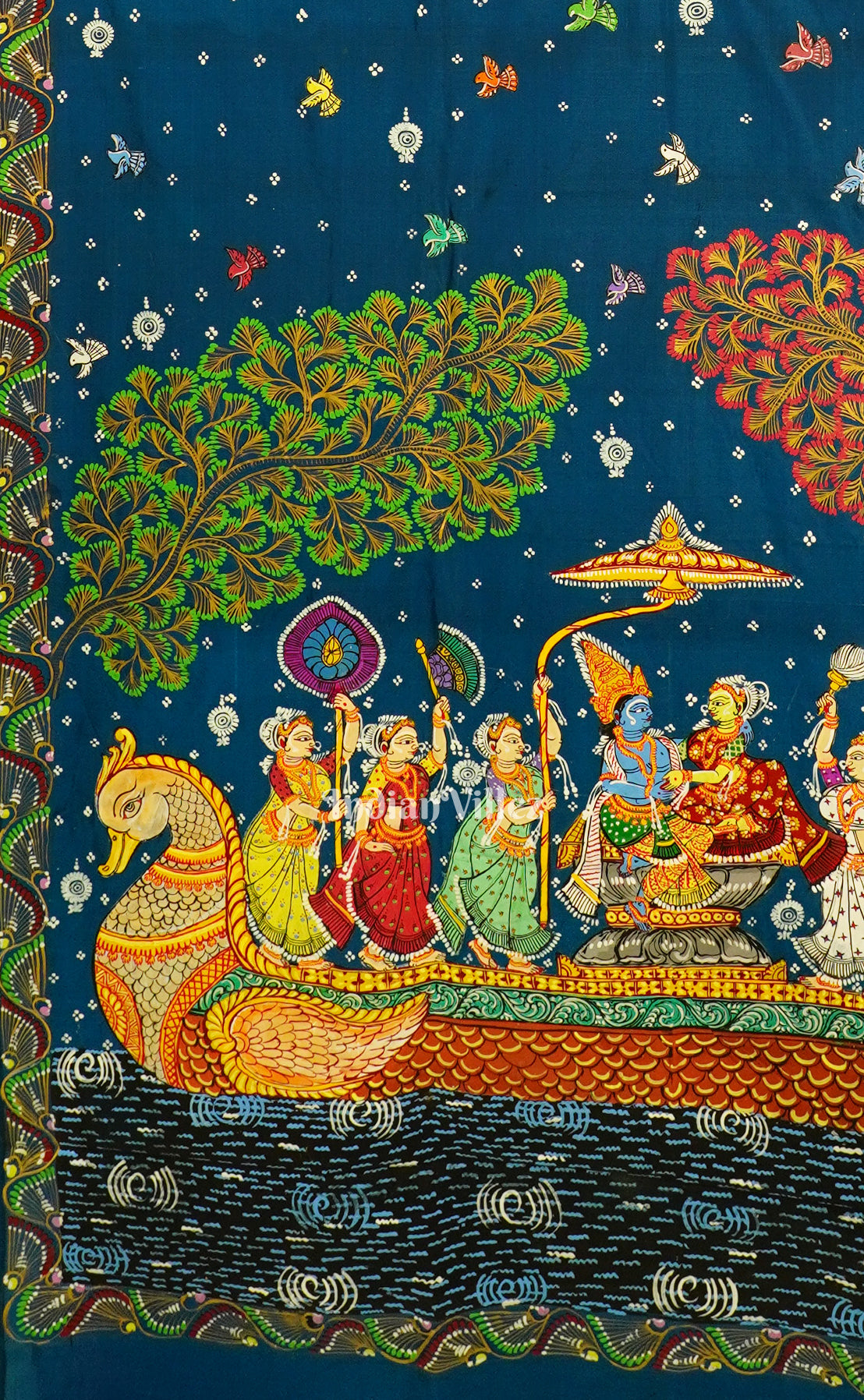 Teal And Red Krishna Radha With Boita Theme Hand-Painted Pattachitra Saree