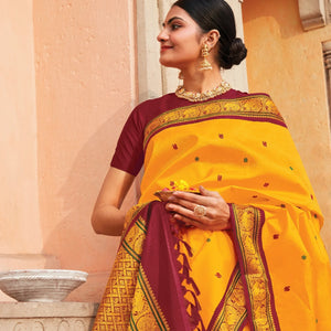 Mango Yellow Handloom Kanchipuram Korvai Silk Saree With Annam Chakaram Buttas