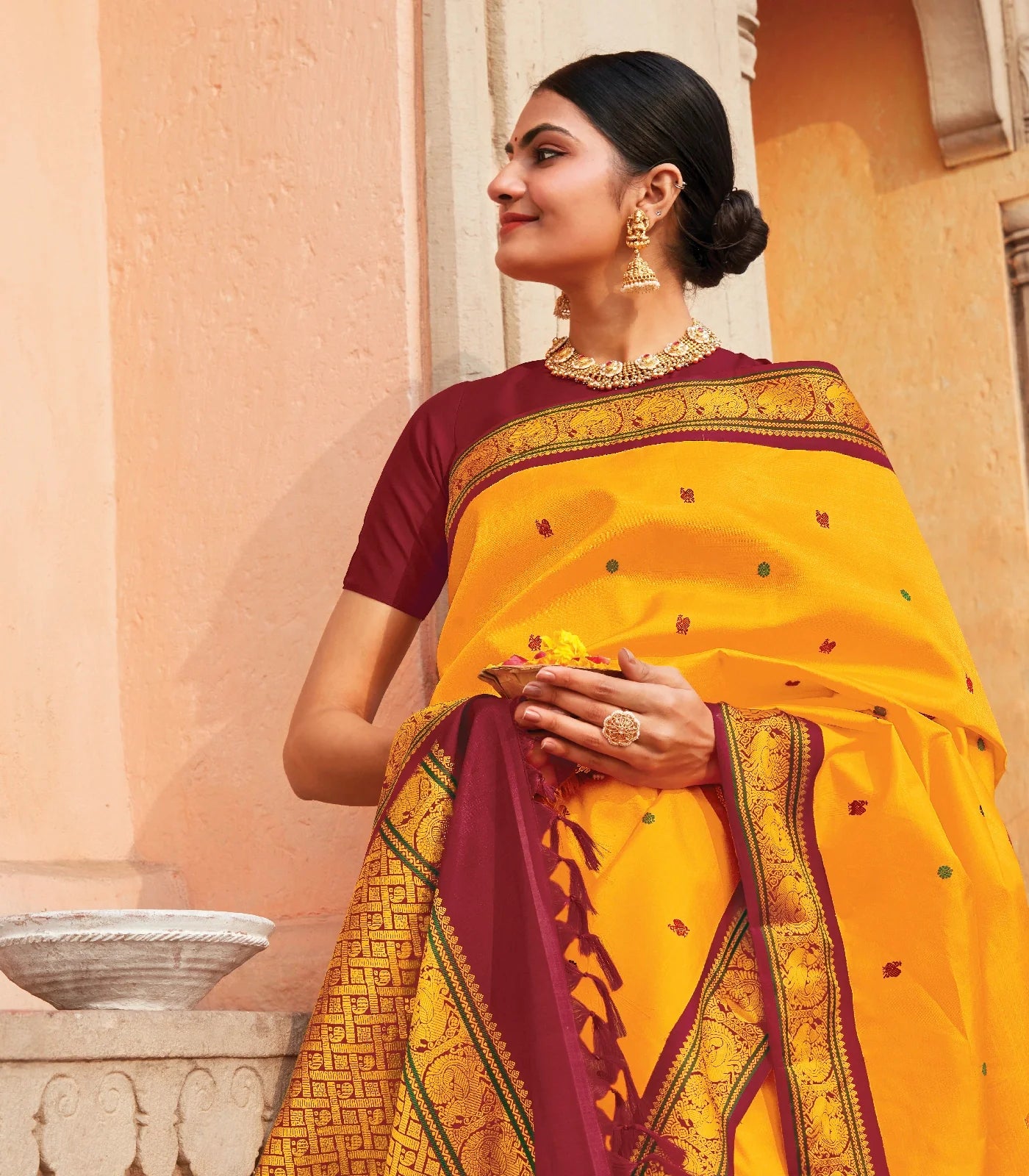 Mango Yellow Handloom Kanchipuram Korvai Silk Saree With Annam Chakaram Buttas