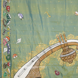 Parrot Green Dual Tone Sitar Instrument Hand-Painted Pattachitra Saree