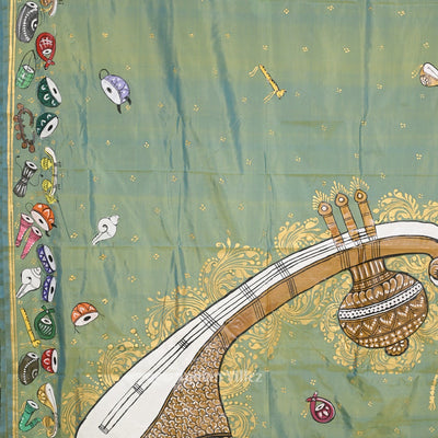 Parrot Green Dual Tone Sitar Instrument Hand-Painted Pattachitra Saree