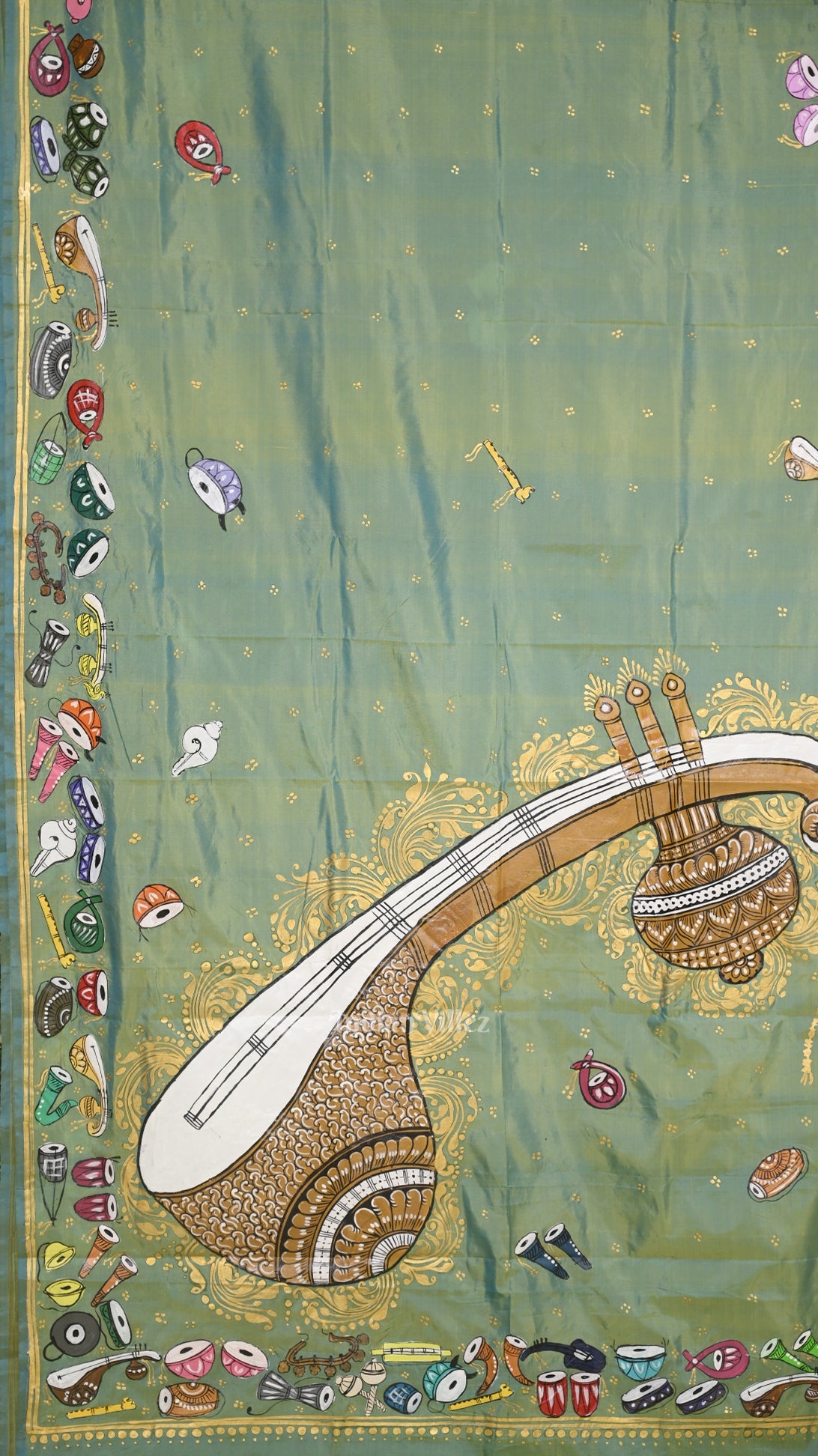 Parrot Green Dual Tone Sitar Instrument Hand-Painted Pattachitra Saree