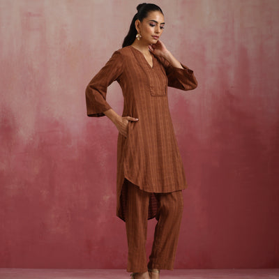 trueBrowns Brown Cotton Dobby Kurta Co-ord set