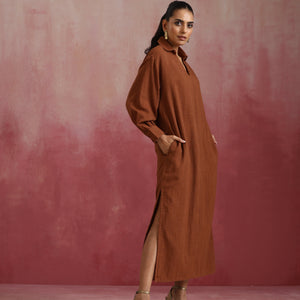 trueBrowns Brown Cotton Dobby Dress
