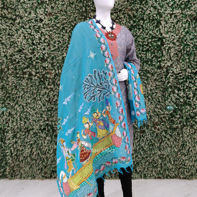 Sky Blue Boita Theme Tussar Pattachitra Dupatta