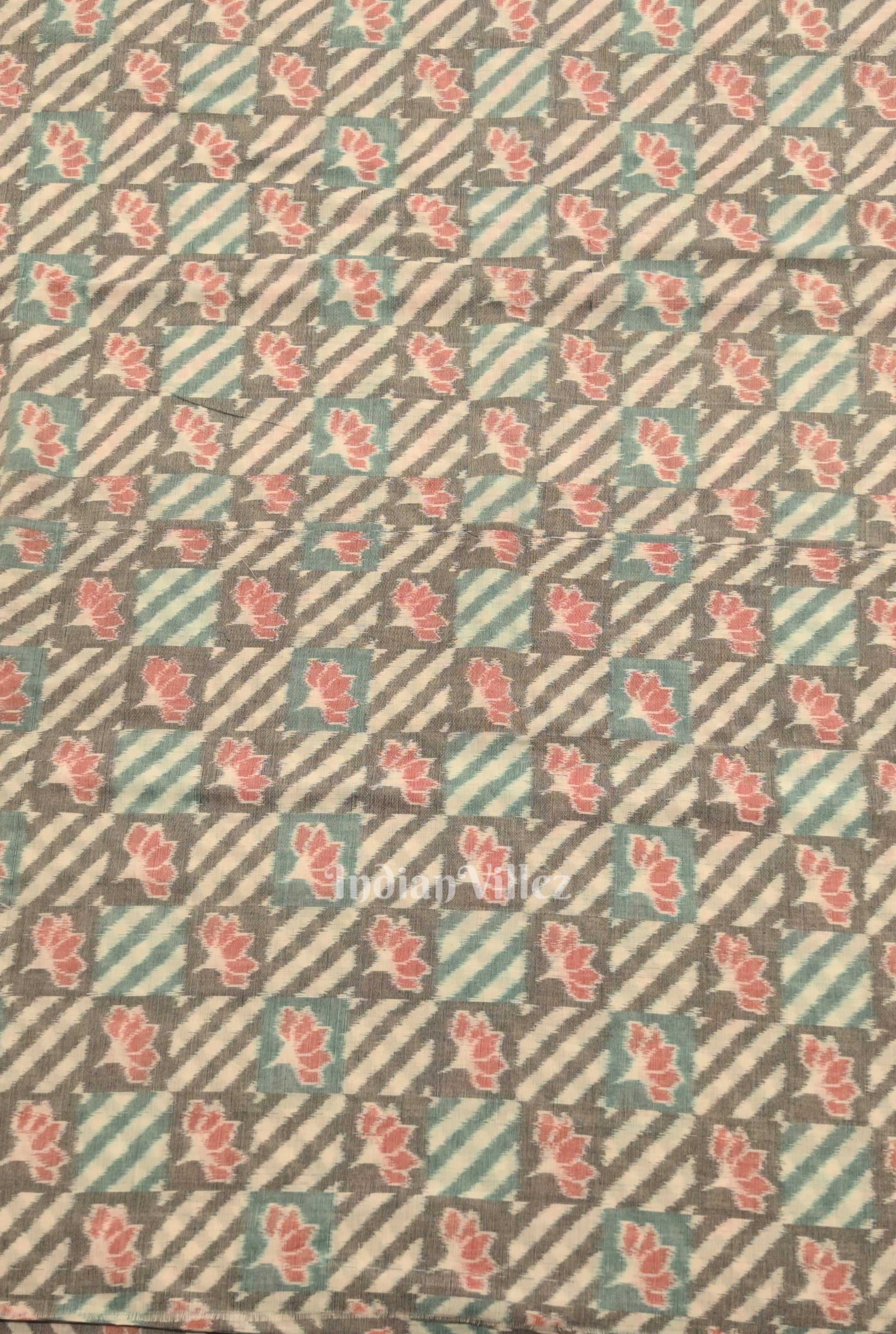 Cement Gray Lotus Motif Sambalpuri Ikat Cotton Fabric