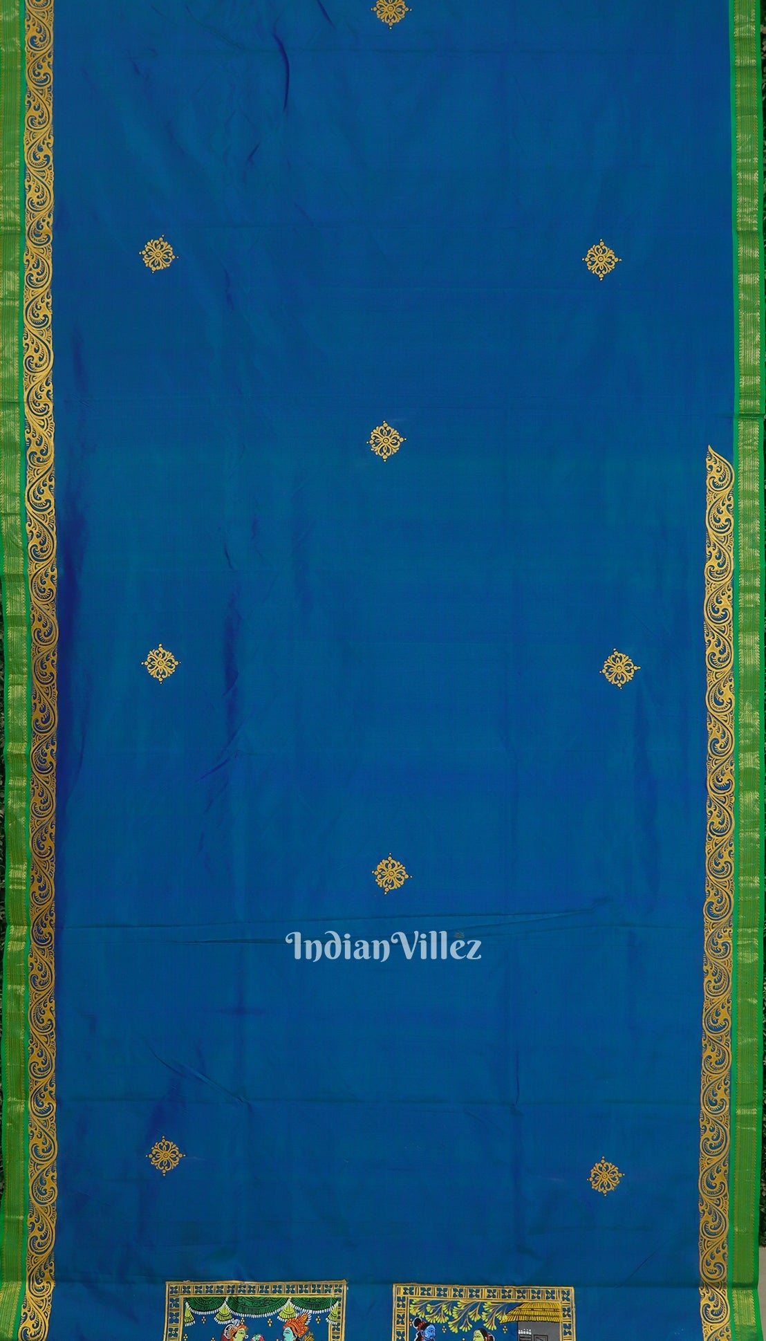 Blue Green Ramayan Theme Hand-Painted Pattachitra Saree