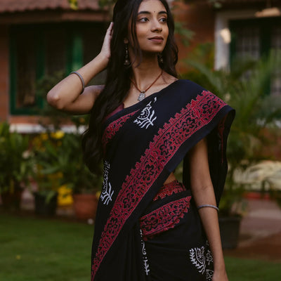Black Jaipur Cotton Saree With Printed Mango Motifs