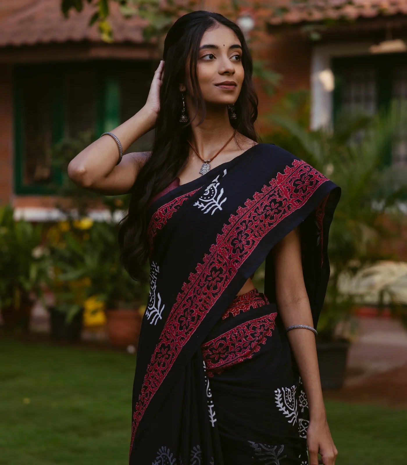 Black Jaipur Cotton Saree With Printed Mango Motifs