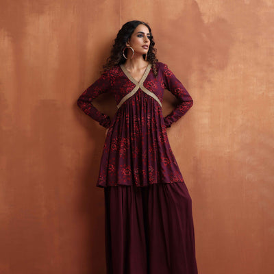 trueBrowns Purple Floral Print Sharara Set