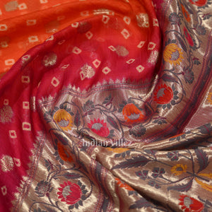 Bright Orange Pink Bandhini Banarasi Kota Silk Saree with Paithani Border