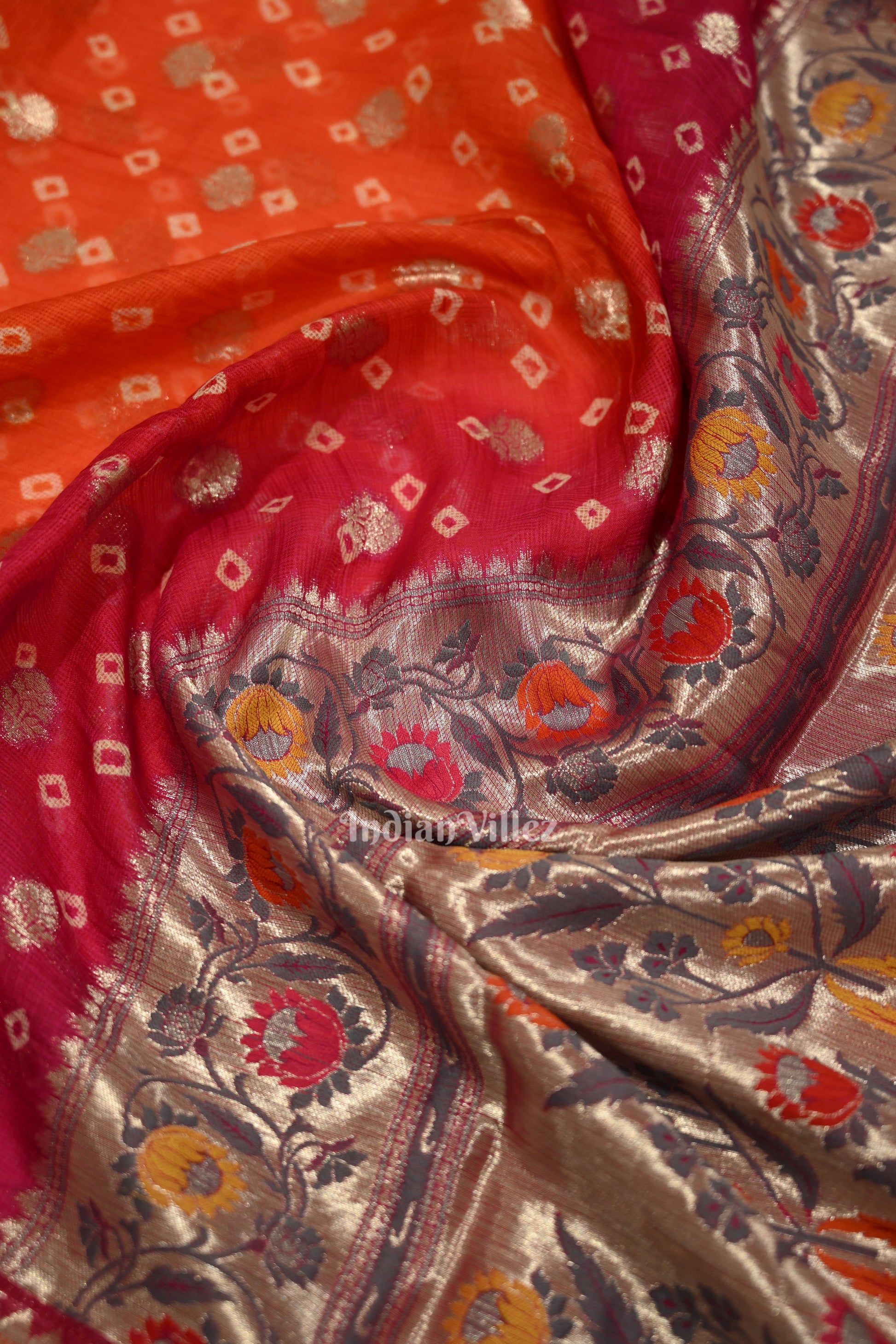 Bright Orange Pink Bandhini Banarasi Kota Silk Saree with Paithani Border