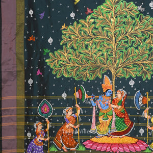 Blue Radha Krishna Raas Leela Hand-Painted Pattachitra Saree