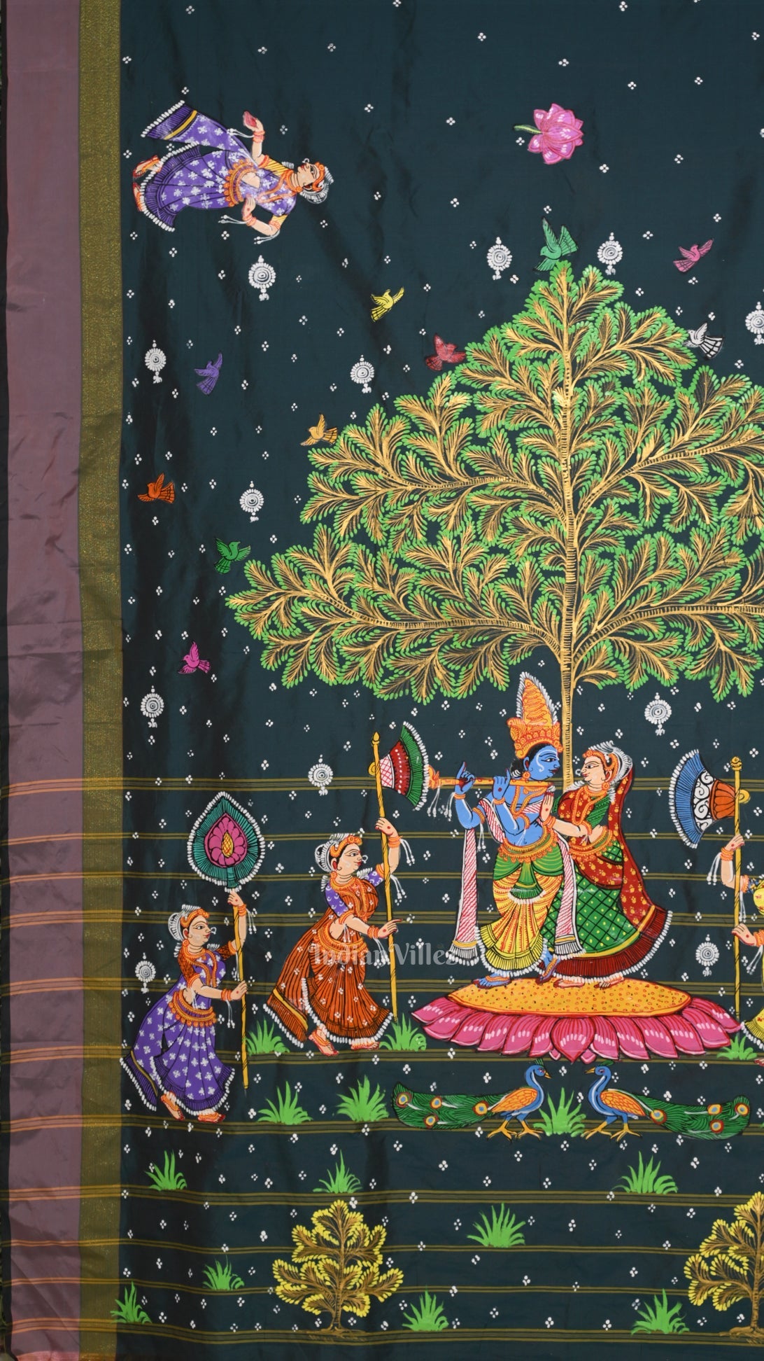 Blue Radha Krishna Raas Leela Hand-Painted Pattachitra Saree