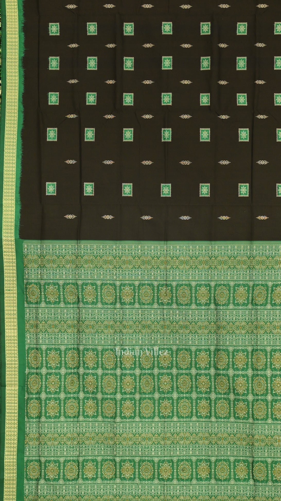 Deep Black Green Square Motif Sambalpuri Silk Saree