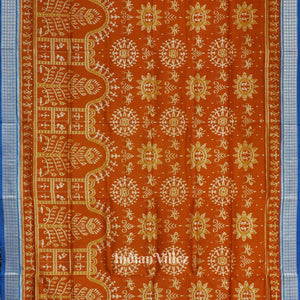 Orange Blue Tribal Theme Odisha Ikat Pure Sambalpuri Silk Saree