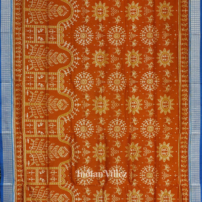 Orange Blue Tribal Theme Odisha Ikat Pure Sambalpuri Silk Saree