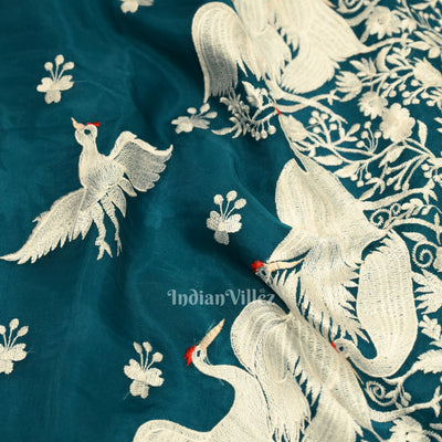 Rama Green Parsi Gara Floral Motif Hand Embroidered Saree