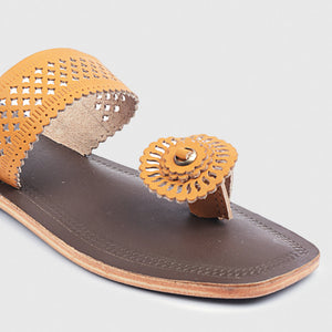 Brown & Yellow Handstitched Leather Kolhapuri Women Slipper
