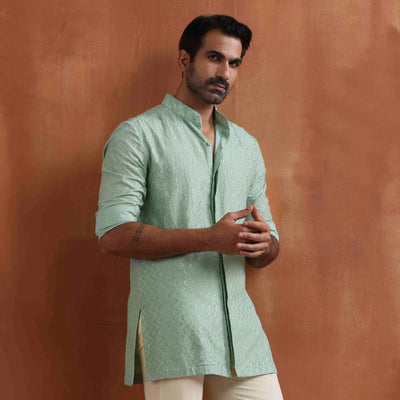 trueBrowns Men's Green Cotton Dobby Front Open Short Kurta