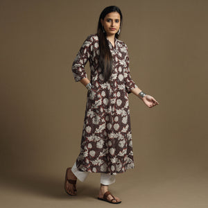 Brown - Bagru Hand Block Printed Cotton A-Line Long Kurta