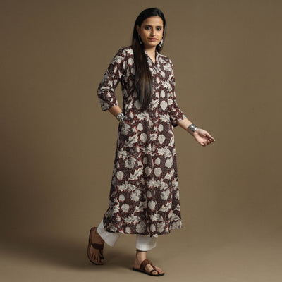 Brown - Bagru Hand Block Printed Cotton A-Line Long Kurta