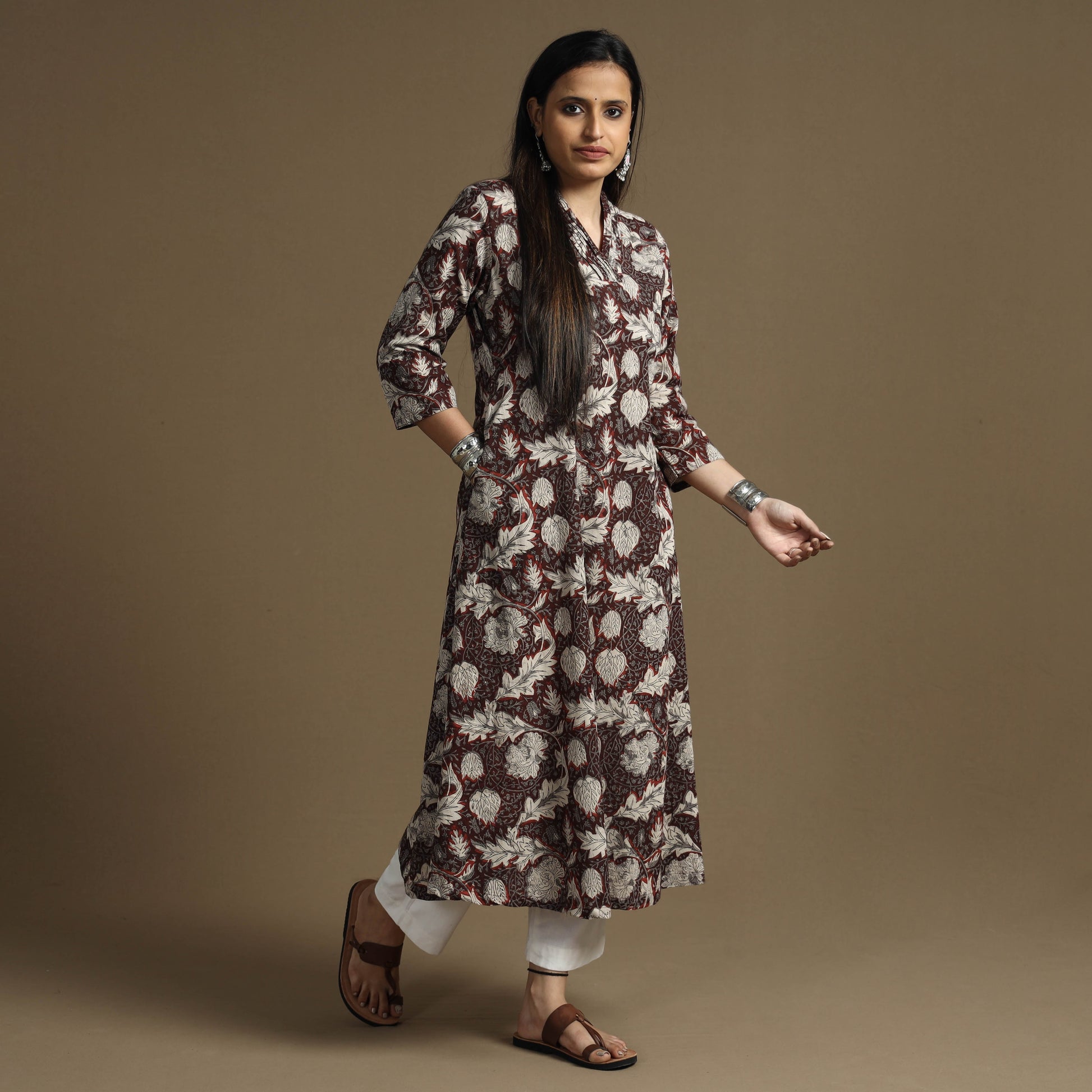 Brown - Bagru Hand Block Printed Cotton A-Line Long Kurta