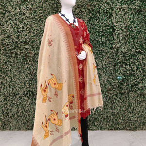 Cream Red Mudra Theme Hand-Painted Tussar Pattachitra Dupatta