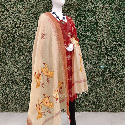 Cream Red Mudra Theme Hand-Painted Tussar Pattachitra Dupatta