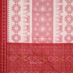 White Red Elephant 3d Pasapali Sambalpuri Ikat Pure Cotton Saree