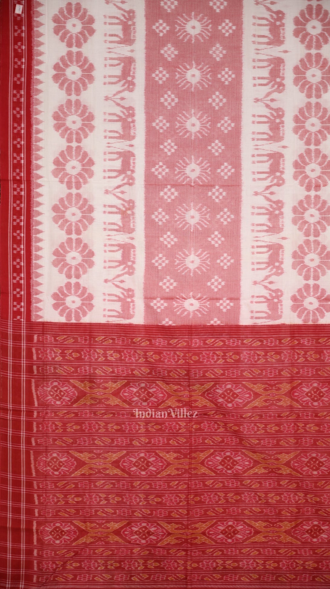 White Red Elephant 3d Pasapali Sambalpuri Ikat Pure Cotton Saree