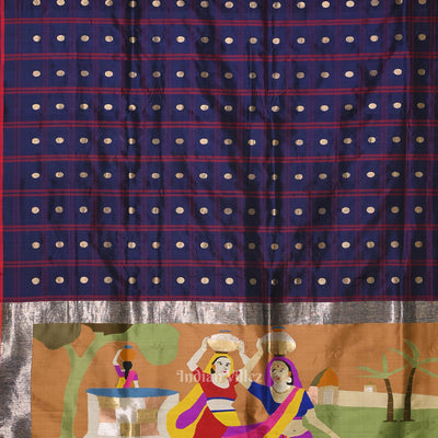 Indigo Blue Designer Ravi Verma Painting  Katan Banarasi Silk Saree