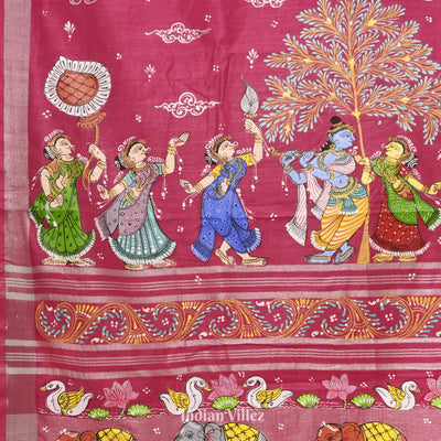 Pink Radha Krishna Raasa Theme Hand-Painted Pattachitra Saree (Pre Order)