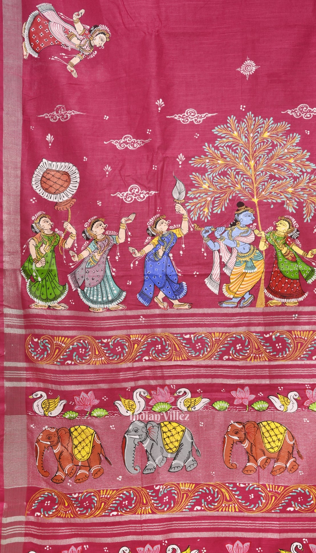 Pink Radha Krishna Raasa Theme Hand-Painted Pattachitra Saree (Pre Order)