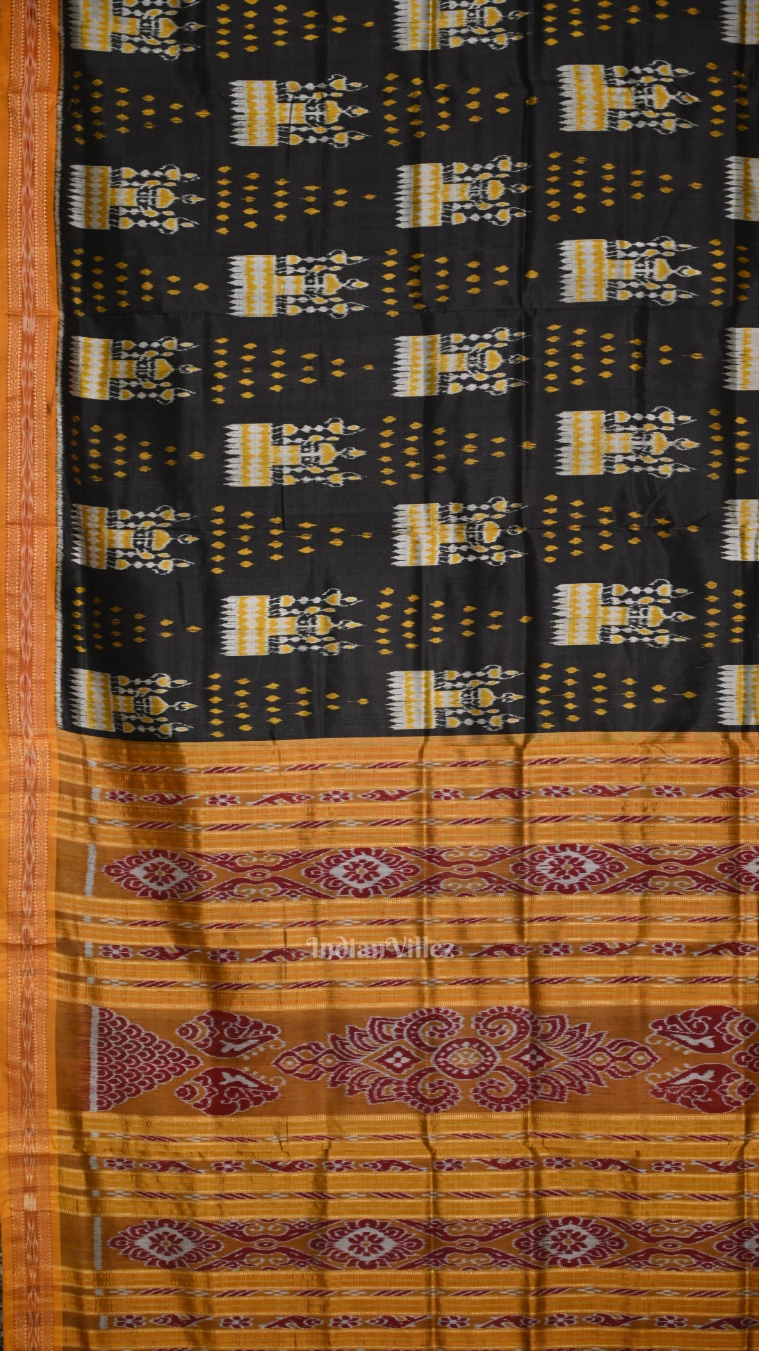 Black Mustard Yellow Tribal Theme Odisha Ikat Khandua Silk Saree