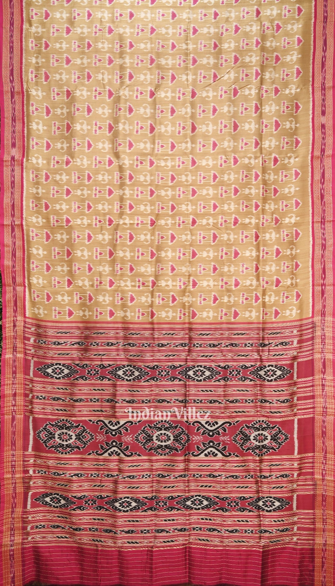 Golden Pink Tribal Art Odisha Ikat Khandua Silk Saree
