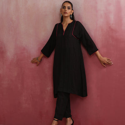 trueBrowns Black Cotton Dobby Kurta Co-ord set