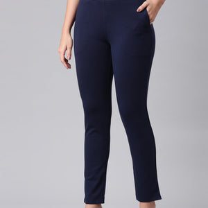 Women Solid Navy Mid Rise Smart Fit Kurti Pant